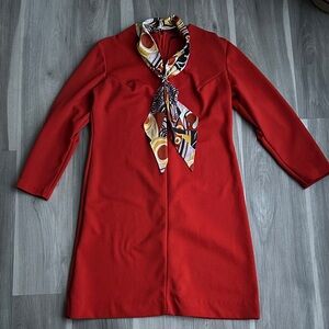 Red Vintage Giselle Long Sleeve Shift Dress with Patterned Neck Scarf